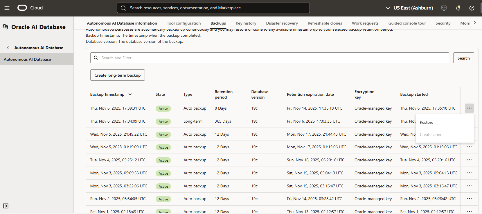 Screenshot des Prozesses zum Wiederherstellen eines automatischen Backups einer autonomen KI-Datenbank