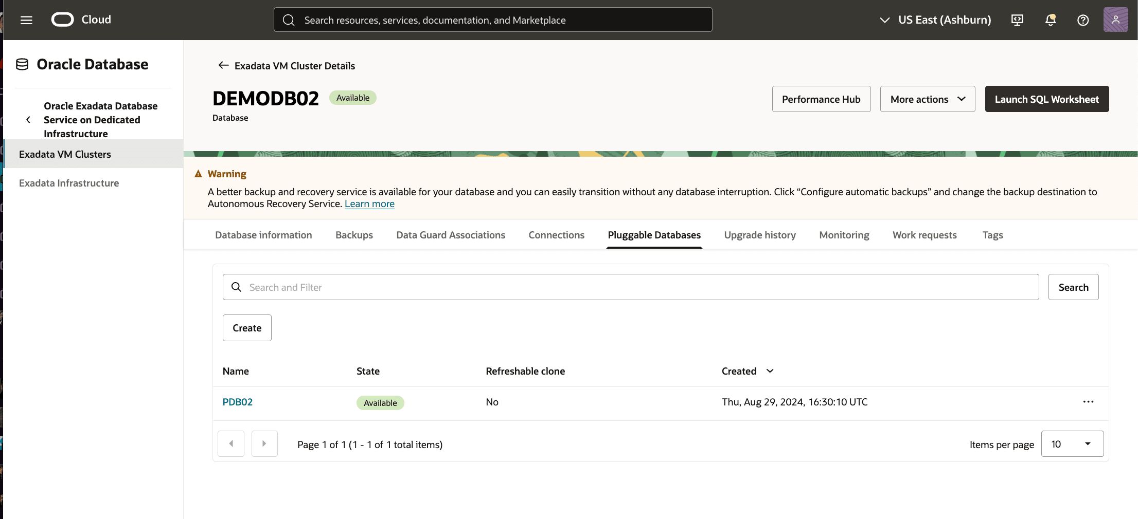 Ein Screenshot mit dem Exadata-Datenbankwiederherstellungsprozess. Ein Screenshot mit dem Exadata-Datenbankwiederherstellungsprozess.