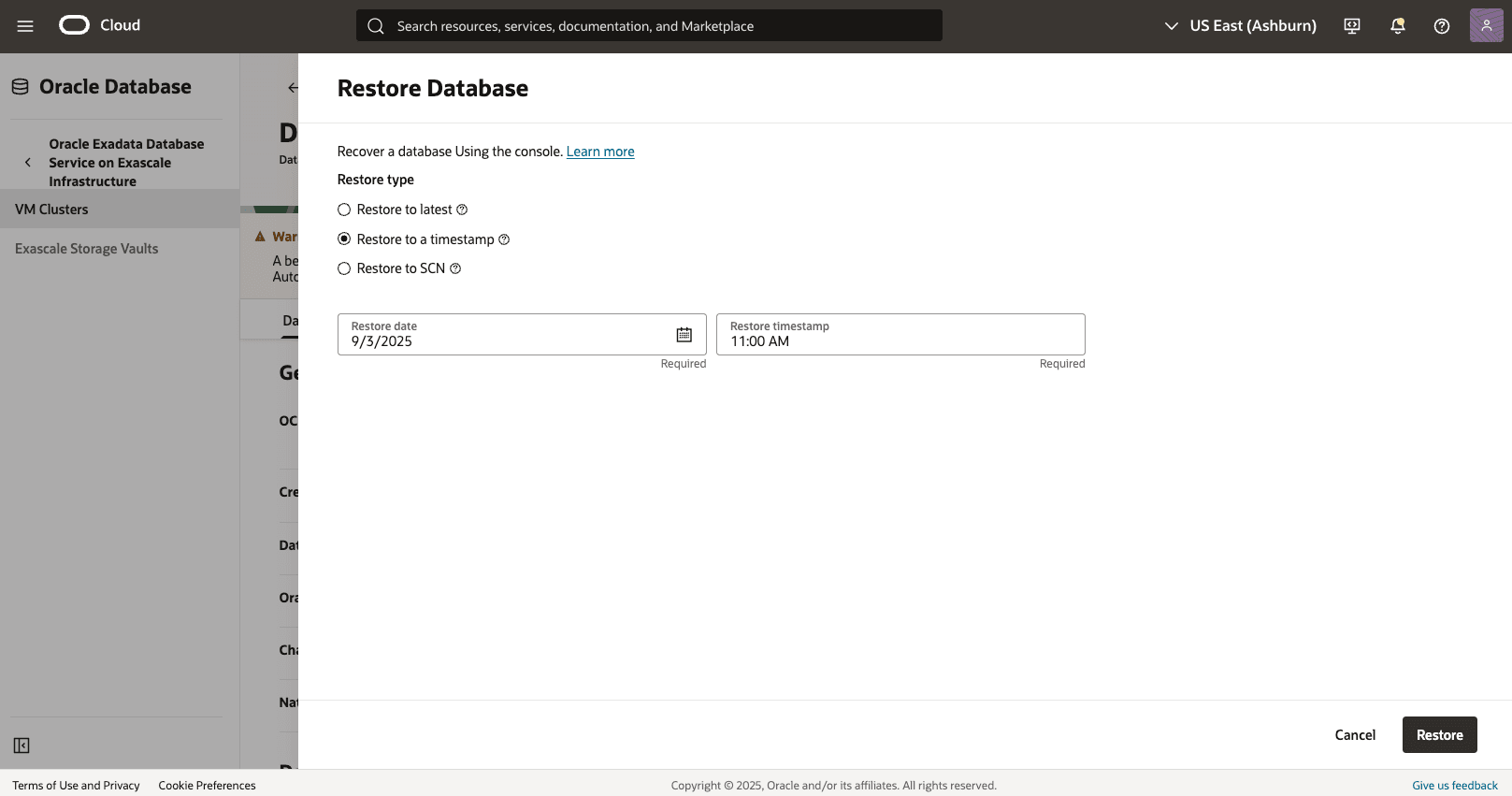 Ein Screenshot der Point-in-Time-Wiederherstellungen der Containerdatenbank (CDB).