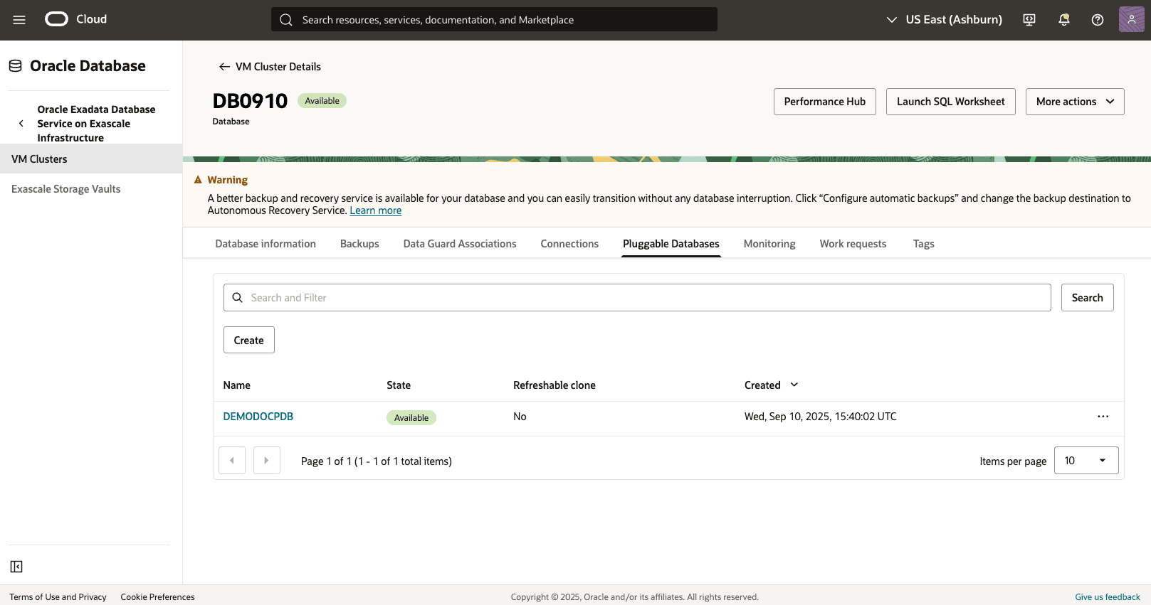 Ein Screenshot der Point-in-Time-Wiederherstellungen der integrierbaren Datenbank (PDB).