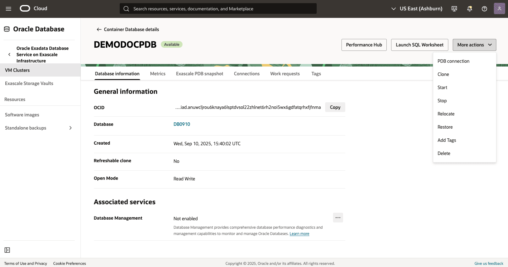 Ein Screenshot der Point-in-Time-Wiederherstellungen der integrierbaren Datenbank (PDB).