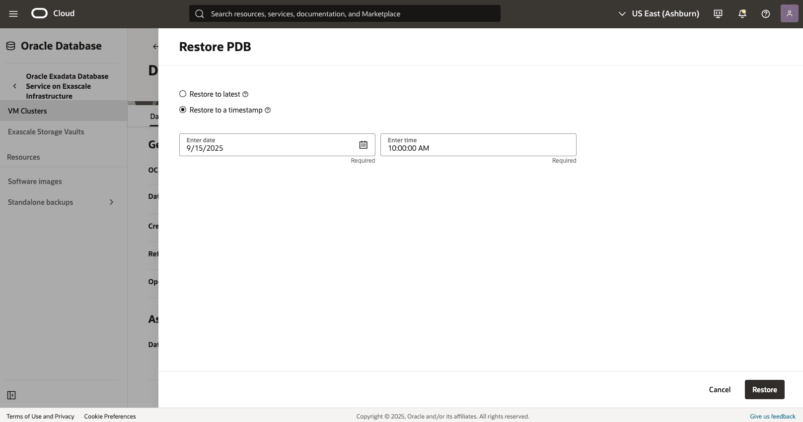 Ein Screenshot der Point-in-Time-Wiederherstellungen der integrierbaren Datenbank (PDB).