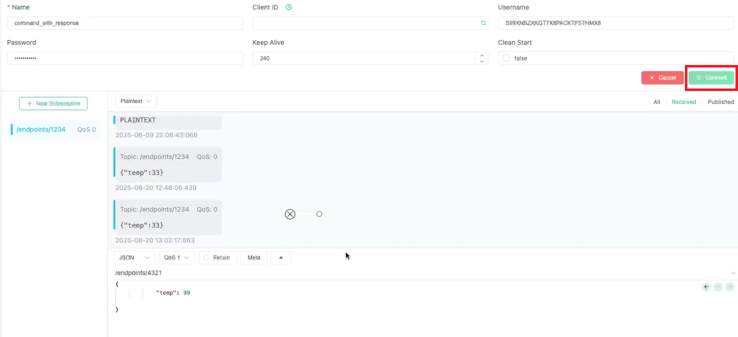 Wählen Sie in MQTTX connect.