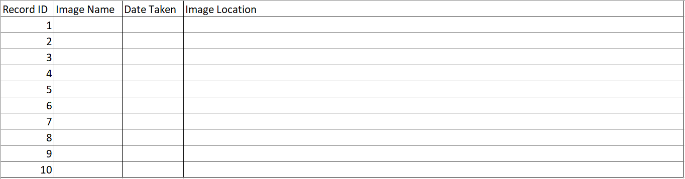 Tabelle mit vier Spalten und zehn Zeilen. Die Spaltennamen sind Record ID, Image Name, Date Taken und Image Location.