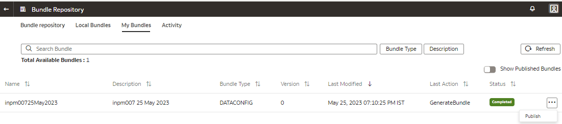 Option "Veröffentlichen" auf der Seite "Bundle Repository"