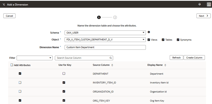 Seite "Dimension hinzufügen" mit Schritt 1 des Assistenten Seite "Dimension hinzufügen" mit Schritt 1 des Assistenten