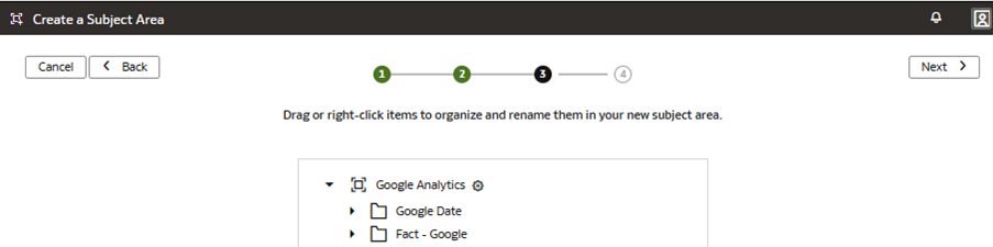 Schritt 3 des Assistenten auf der Seite "Themenbereich erstellen" mit dem Umbenennen und Neuanordnen von Elementen Schritt 3 des Assistenten auf der Seite "Themenbereich erstellen" mit dem Umbenennen und Neuanordnen von Elementen
