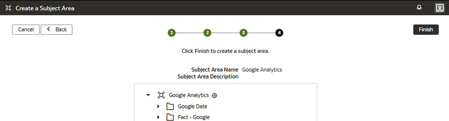 Schritt 4 des Assistenten auf der Seite "Themenbereich erstellen" mit der Schaltfläche "Fertigstellen" Schritt 4 des Assistenten auf der Seite "Themenbereich erstellen" mit der Schaltfläche "Fertigstellen"
