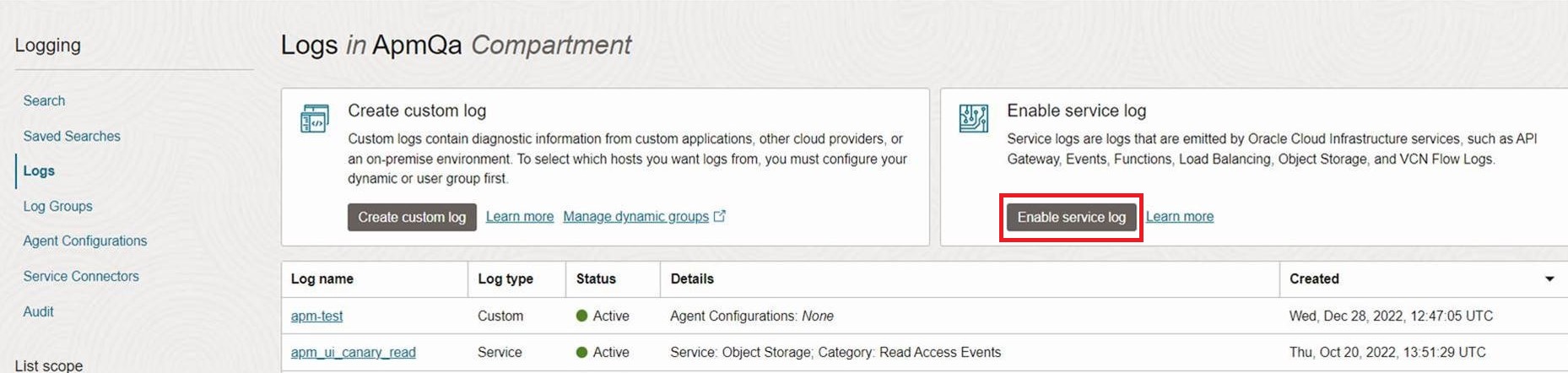 Screenshot der OCI-Loggingkonsole, in der das Servicelog unter "Logs" angezeigt wird.