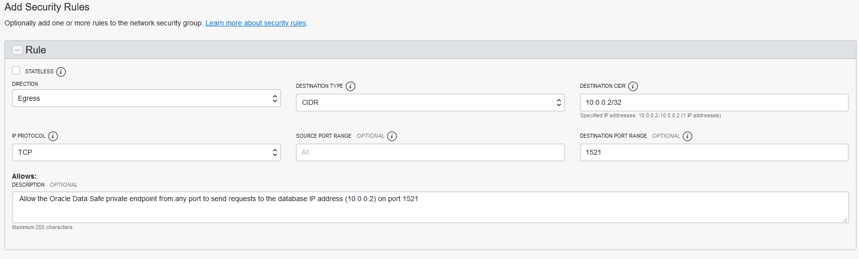 Egress-Regel für eine On-Premise-Oracle-Datenbank