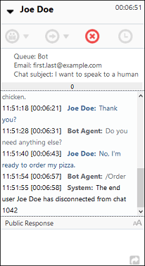 Die Chatkonsole zeigt an, dass der Agent "/Order" gesendet hat und der Chat beendet wurde. Die Chatkonsole zeigt an, dass der Agent "/Order" gesendet hat und der Chat beendet wurde.