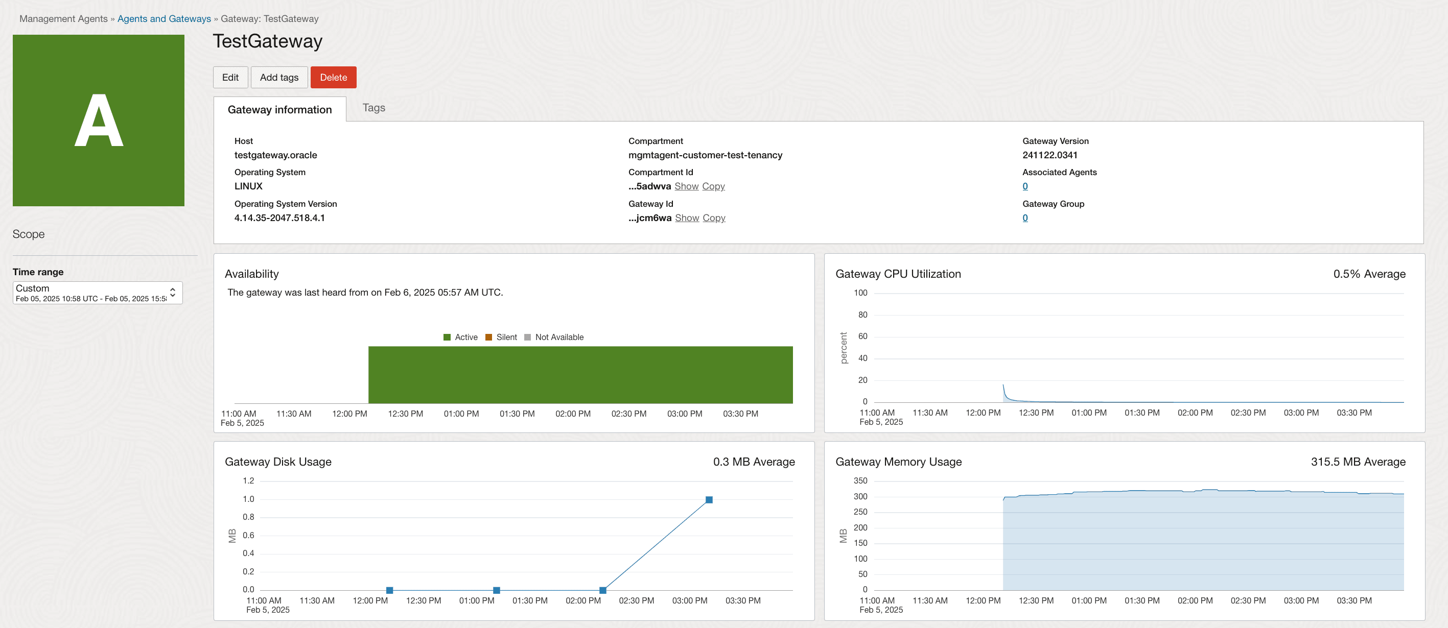 Seite "Management Gateway-Details", auf der Informationen zu einem installierten Managementgateway angezeigt werden. Seite "Management Gateway-Details", auf der Informationen zu einem installierten Managementgateway angezeigt werden.