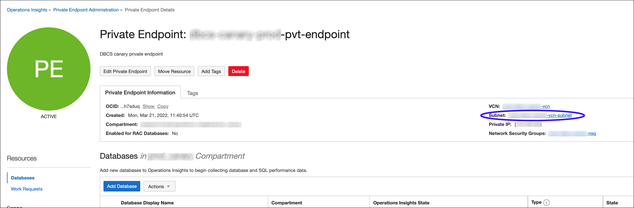 Die Grafik zeigt den Seitenlink "VCN/Subnetz" auf der Seite "Details zum privaten Endpunkt".