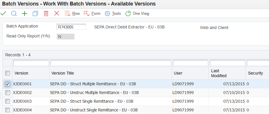 Formular "Verfügbare Versionen"