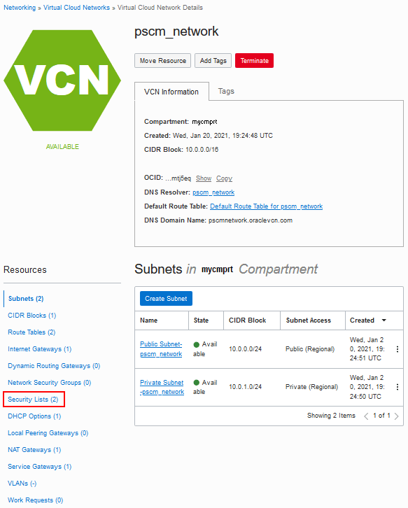 Detailseite virtuelles Cloud-Netzwerk