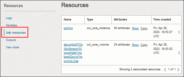 Seite "Stackdetails", "Verknüpfte Ressourcen"