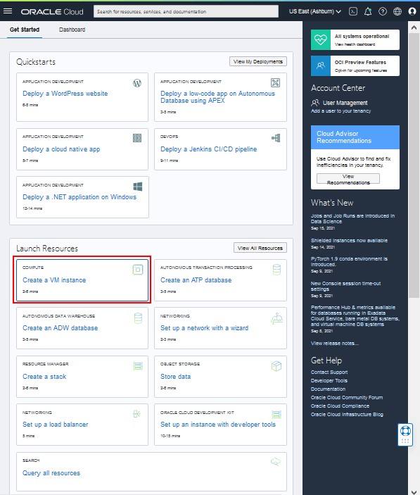 Oracle Cloud Infrastructure - Schnellstartseite