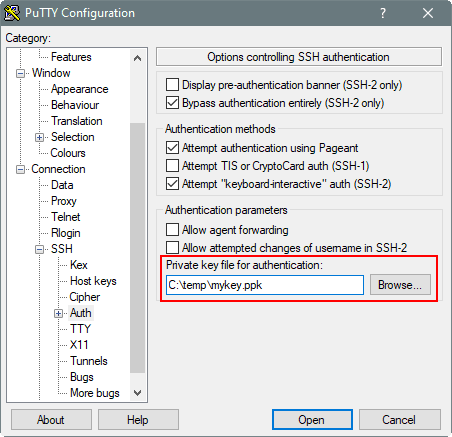 PuTTY Dialogfeld "Konfiguration", Optionen zur Steuerung der SSH-Authentifizierung