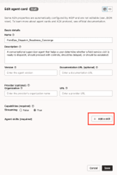 Das Dialogfeld "Agent-Karte bearbeiten" wird angezeigt. Die Schaltfläche "Skill hinzufügen" ist hervorgehoben.