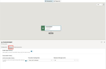 Die visuelle Builder-Leinwand wird mit einem einzelnen Agent-Knoten, InvoiceAnalyst, angezeigt. Der Knoten wird ausgewählt, und die Registerkarte "Speicher" wird hervorgehoben.