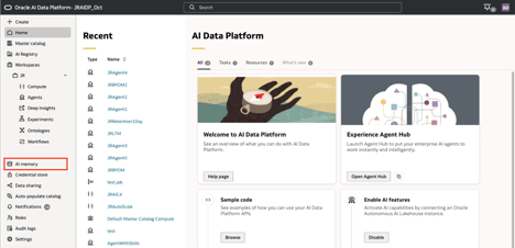 Oracle AI Data Platform-Homepage, wobei der KI-Speicher im linken Navigationsbereich hervorgehoben ist.