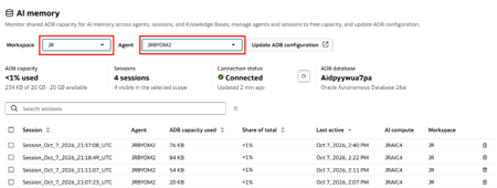 AI-Speicherseite mit Filtern, die sowohl auf Workspace- als auch auf Agent-Dropdown-Menüs angewendet werden.