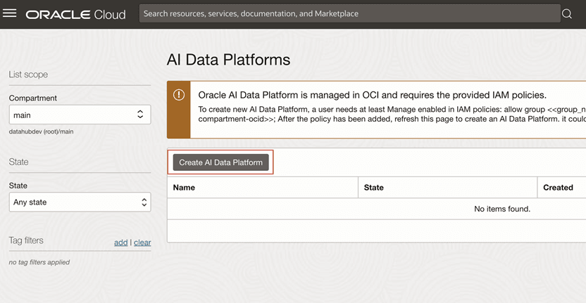 AI Data Platform-Workbenches-Bildschirm mit hervorgehobener Schaltfläche "AI Data Platform Workbench erstellen"
