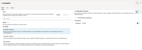 Die Konfigurationsseite für das Tool für Remote-MCP-Server wird angezeigt. Die Registerkarte "Tools" ist ausgewählt.