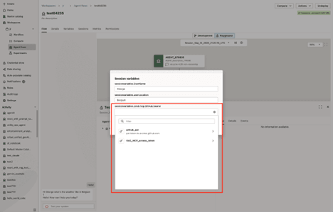 Das Dialogfeld "Sessionvariablen" wird angezeigt. "sessionvariables.cred.mcp.GitHub.bearer" wird hervorgehoben, und eine Dropdown-Liste mit Authentifizierungstoken wird angezeigt.