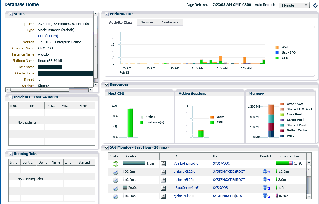Dieser Screenshot zeigt die Seite "Datenbank-Home" in EM Express.