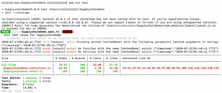 Screenshot von Einheitentests für ein Chaincode-Projekt