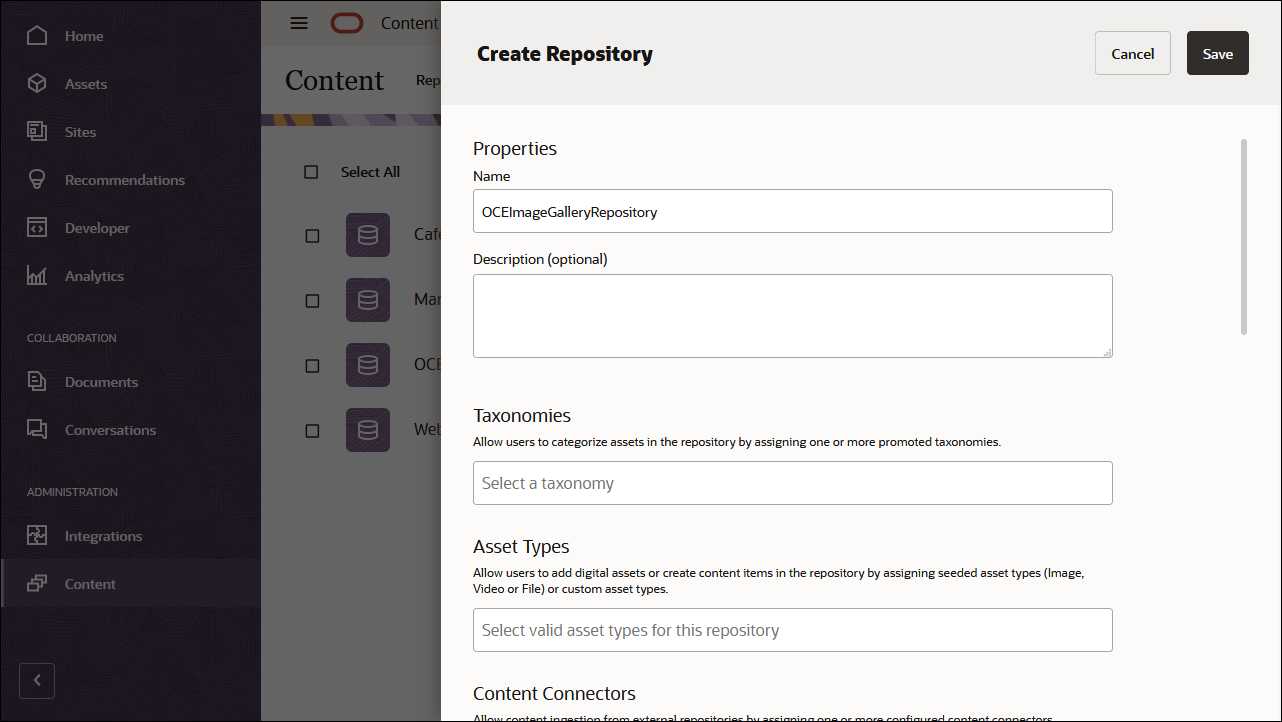 Diese Abbildung zeigt den Bereich für die Repository-Definition mit "OCEImageGalleryRepository" im Feld für den Repository-Namen.