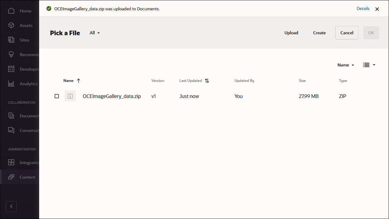 Diese Abbildung zeigt den Bildschirm zur Uploadbestätigung für die Datei OCEImageGallery_data.zip.