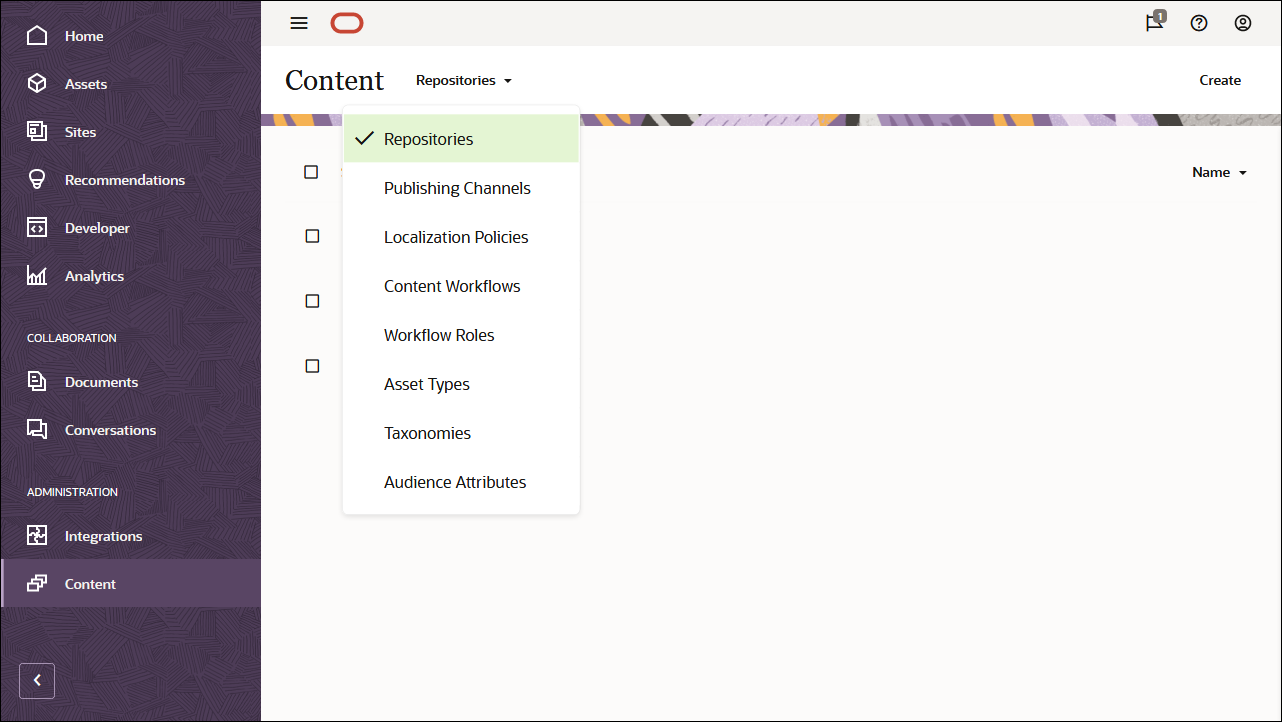 Diese Abbildung zeigt die im Dropdown-Menü im Header der Seite "Inhalt" ausgewählte Option "Repositorys".