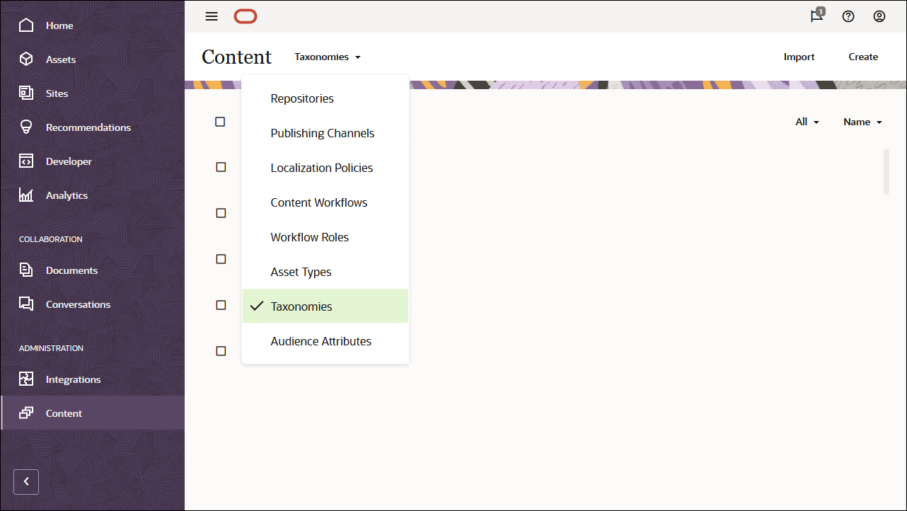 Diese Abbildung zeigt die im Dropdown-Menü im Header der Seite "Inhalt" ausgewählte Option "Taxonomien".