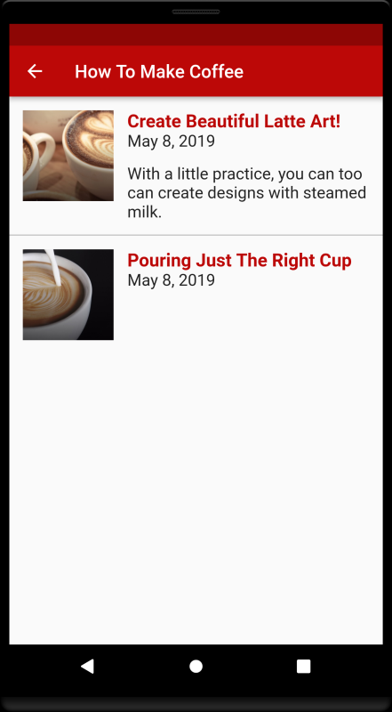 Diese Abbildung zeigt den Themenbildschirm "Kaffee herstellen" mit einer Liste der verfügbaren Artikel für dieses Thema.