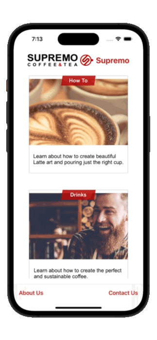 Diese animierte Abbildung zeigt die Navigation durch eine Blog-Beispiel-App, beginnend mit Themen, Navigation zu einer Liste von Artikeln und schließlich ein Blog-Artikel im Detail.