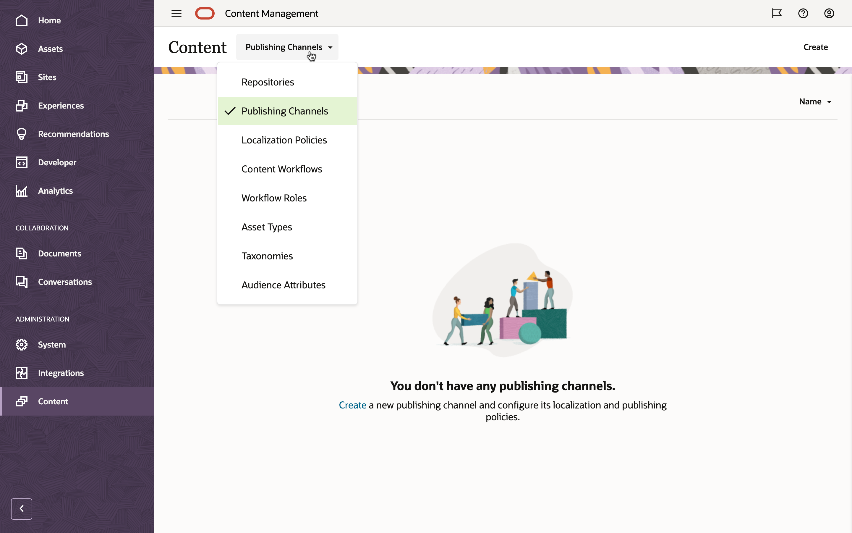 Diese Abbildung zeigt die Option "Veröffentlichungskanäle", die im Dropdown-Menü im Header der Inhaltsseite ausgewählt wurde.