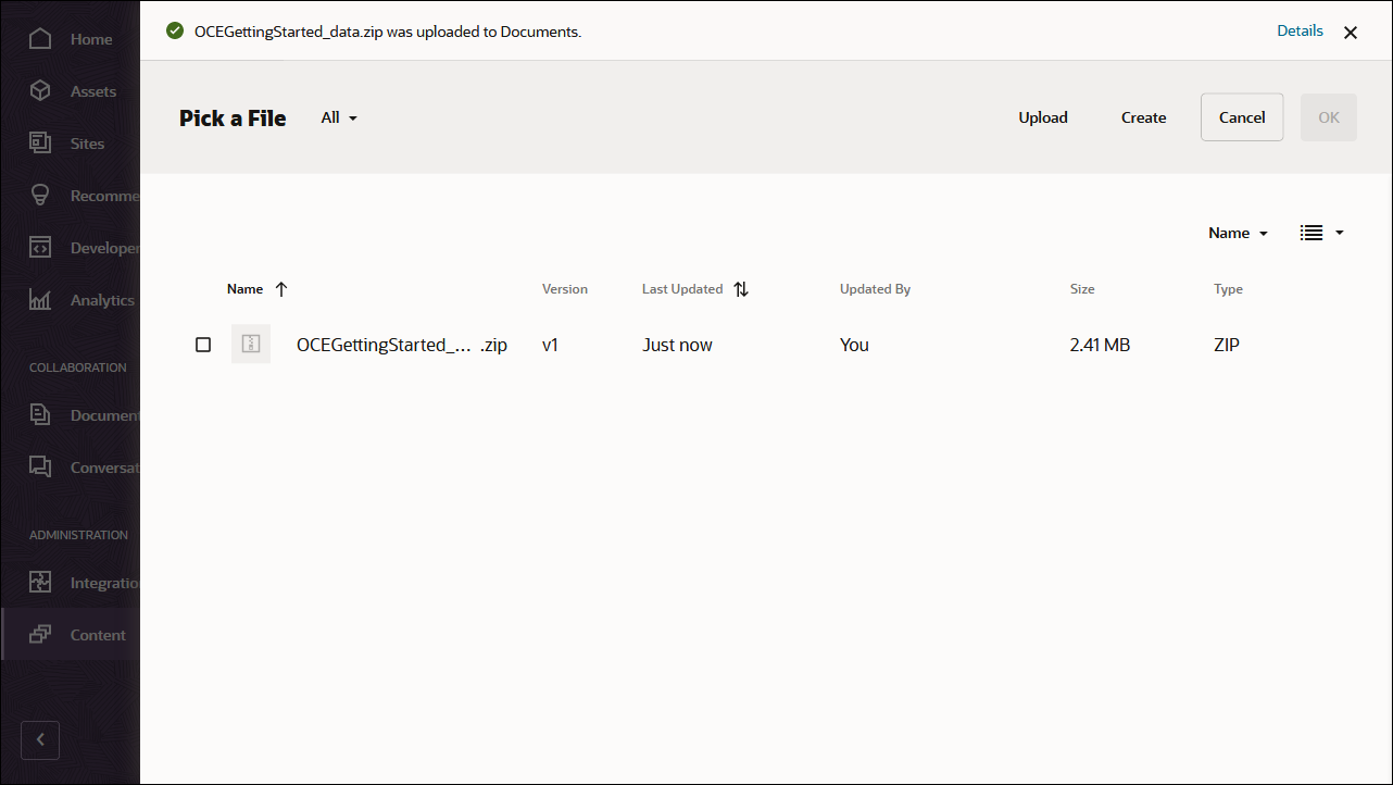 Diese Abbildung zeigt den Bildschirm für die Uploadbestätigung für die Datei OCEGettingStarted_data.zip.