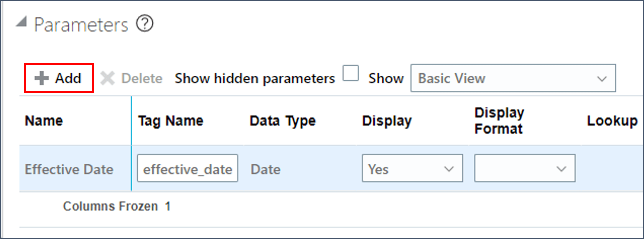 Klicken Sie in der Symbolleiste der Tabelle "Parameter" auf die Schaltfläche "Hinzufügen".