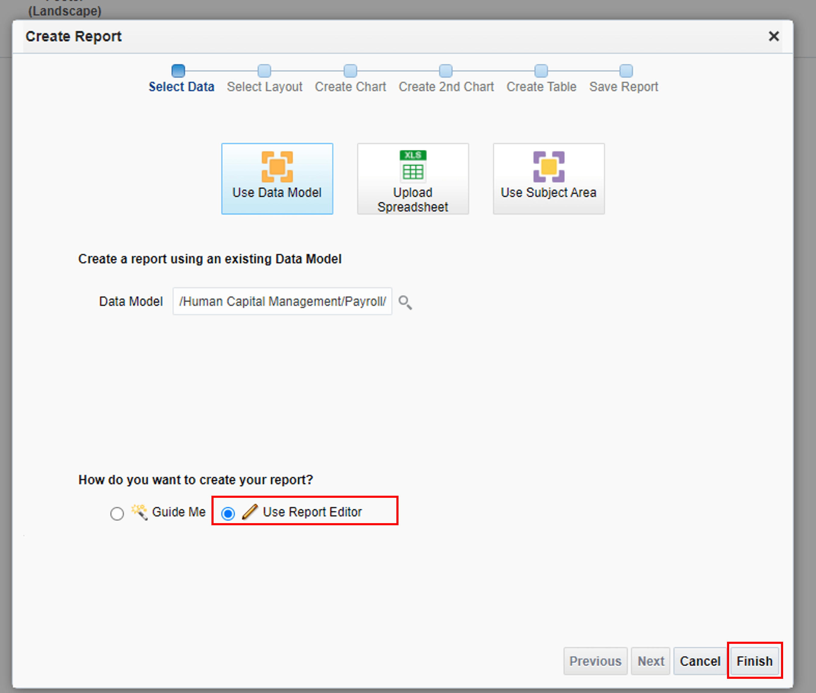 Klicken Sie auf "Use Report Editor" und dann auf "Finish".