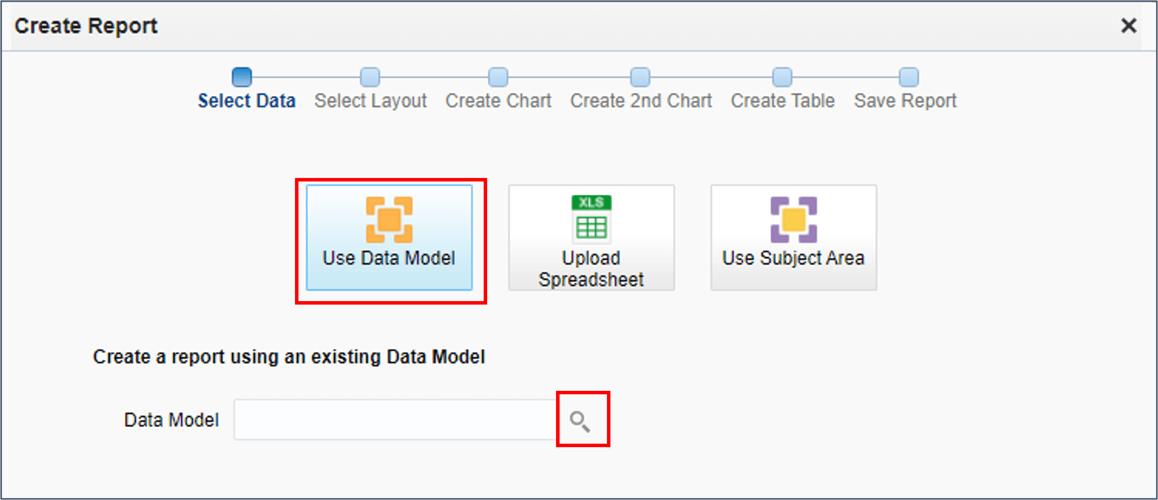 Wählen Sie "Datenmodell verwenden", und klicken Sie auf "Suchen".