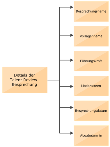 Diese Abbildung zeigt die Details, die Sie für eine Talent-Review-Besprechung angeben müssen, also Besprechungsname, Vorlagenname, Führungskraft, Moderatoren, Besprechungsdatum und Abgabetermin.