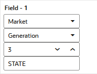 Feld 1 in einer Dimensionserstellungsregel. Die zugehörige Dimension ist "Markt". Der Typ ist "Generierung" und die Generierungsnummer 3. Der Generierungsname lautet STATE.