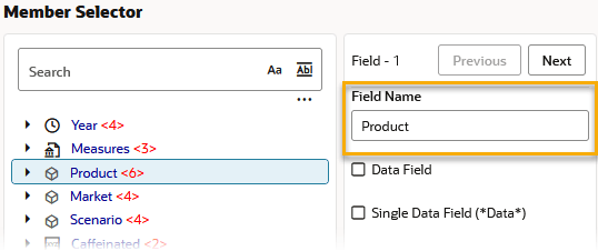 Feldeigenschaften in der Elementauswahl zeigen, dass Feld 1 ein Nicht-Datenfeld mit dem Namen "Produkt" ist