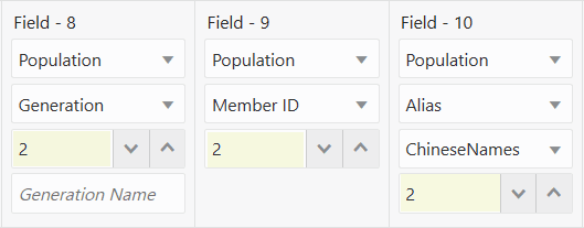 Feld 8 mit Population Generation 2, Feld 9 mit Population Member ID 2 und Feld 10 mit Population Alias ChineseNames 2.