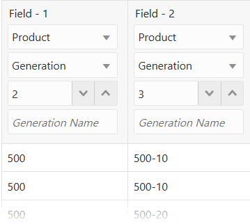 Feld 1 enthält Produkt der 2. Generation mit Vorschauwerten 500 in allen Zeilen. Feld 2 enthält Produkt der 3. Generation mit Vorschauwerten wie 500-10, 500-20 usw.