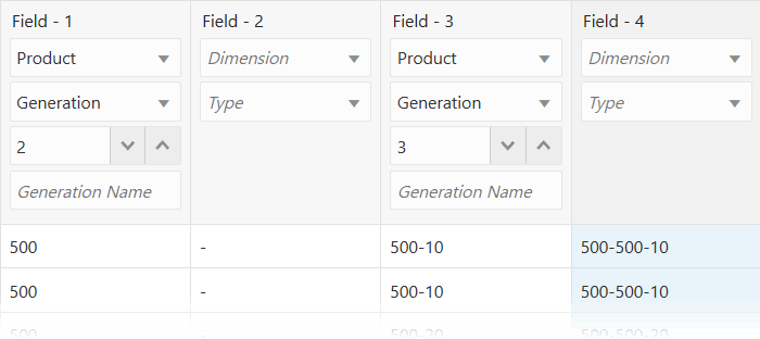 Feld 1 enthält Produkt der 2. Generation mit Vorschauwerten 500 in allen Zeilen. Feld 2 enthält Bindestriche. Feld 3 enthält Produkt der 3. Generation mit Vorschauwerten wie 500-10, 500-20 usw. Feld 4 enthält verkettete Werte wie 500-500-10.