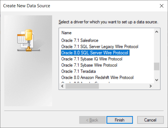 Fenster "Neue Datenquelle erstellen" im Windows 64-Bit ODBC Data Source Administrator-Dienstprogramm. Der Text im Dialogfeld lautet "Wählen Sie einen Treiber aus, für den Sie eine Datenquelle einrichten möchten". Der ausgewählte Treiber ist "Oracle 8.0 SQL Server Wire Protocol", und die Schaltfläche "Finish" wird hervorgehoben.