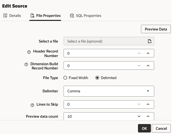 Registerkarte "Details", "Dateieigenschaften" und "SQL-Eigenschaften" in der Regelschnittstelle, wobei "Dateieigenschaften" ausgewählt ist. Headerdatensatznummer 0, Dimensionserstellungsdatensatznummer 0, Dateityp mit Trennzeichen, zu überspringende Zeilen 0, Vorschau der Datenanzahl 10.